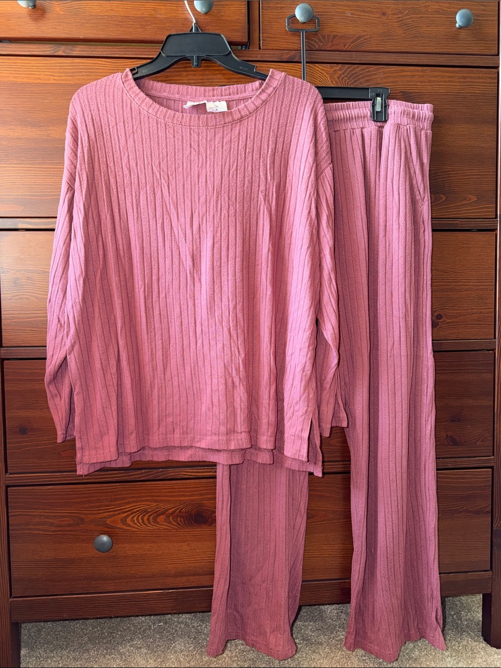 Serra Ribbed Two-Piece Cozy Ribbed Lounge Set - Berry - Size L
